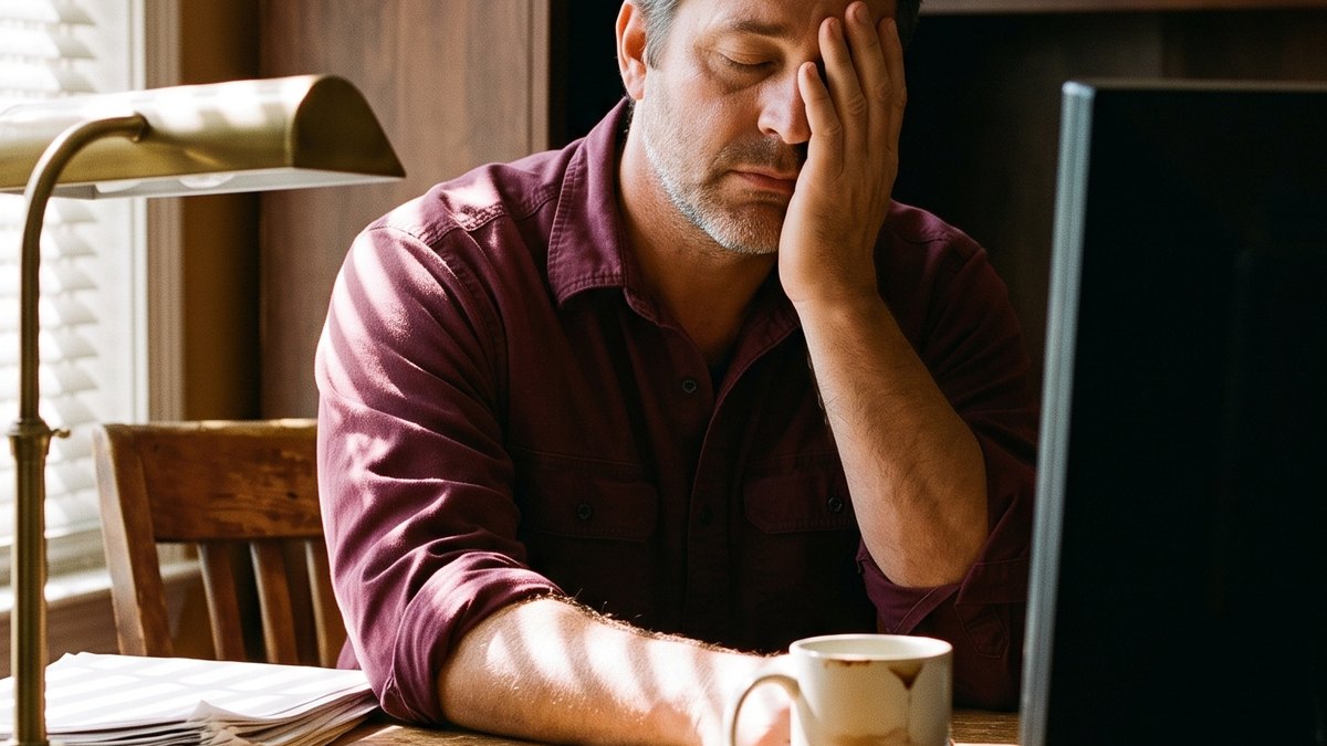 man tired at his desk at 2pm